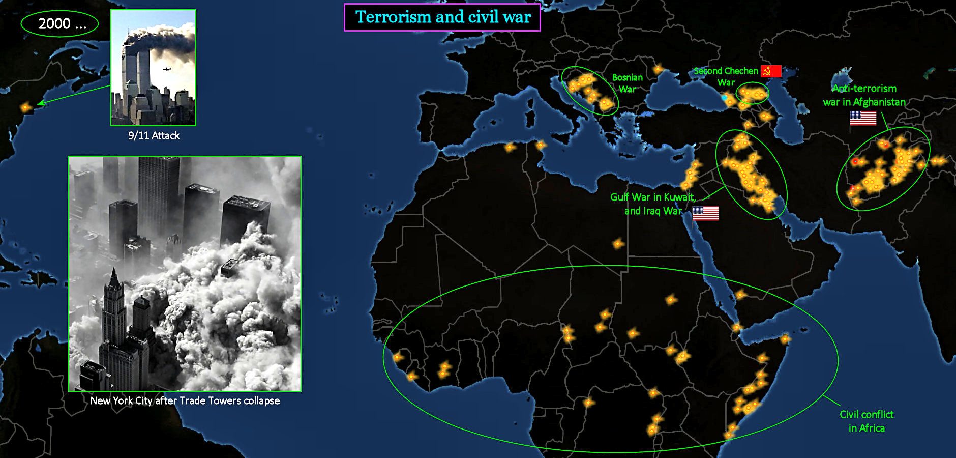 Muslim terrorism, 9/11 attack, 2000s map